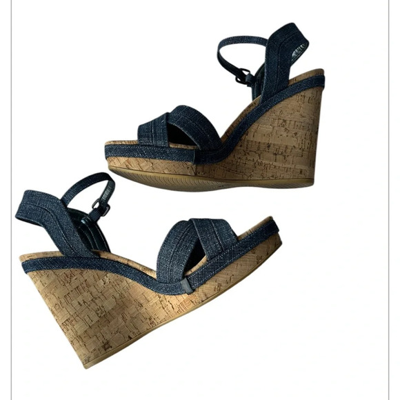 Stuart Weitzman Minx $425. cork platform wedge denim excellent Size 9.5 - Picture 6 of 13